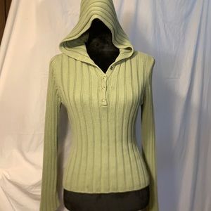 Green button up, hooded sweater